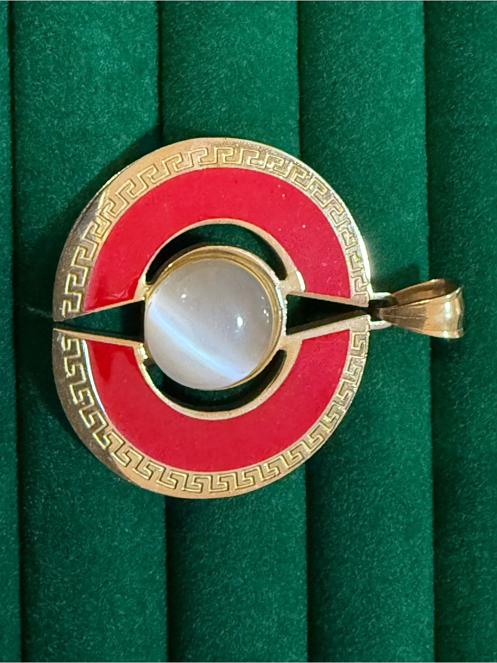 Vintage Gold-Tone Red Enamel Pendant with Moonstone Center